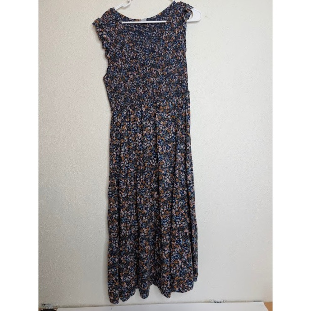 Old Navy Womens Floral Maxi Dress Large Blue Smocked Ruffle Sleeve Boho Tiered